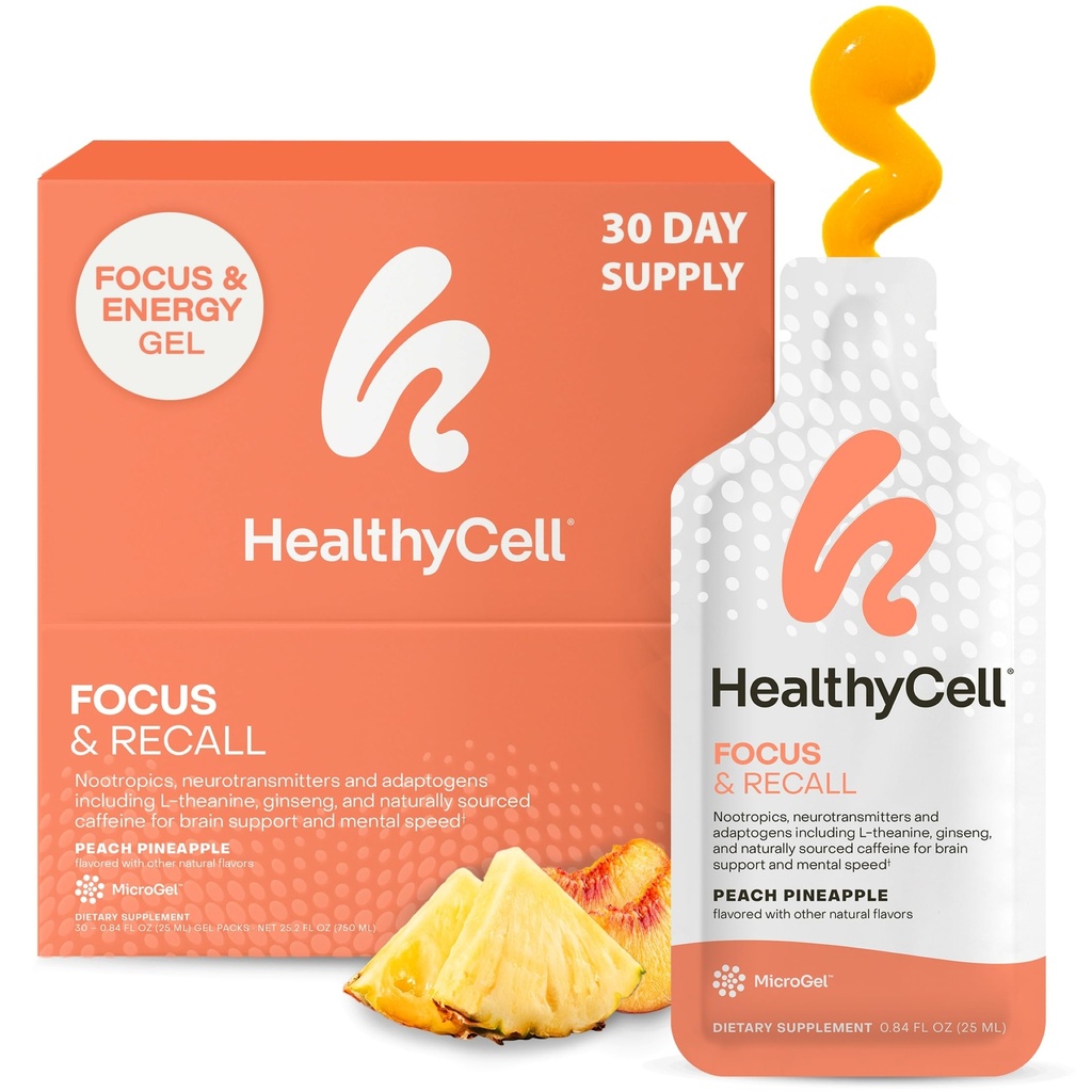 Healthycell Focus & Recall, Daily Liquid Brain Supplement for Focus & Memory - Nootropics Supplement for Concentration & Alertness with L-Theanine, Omega-3 & Taurine - 30 Gel Packs