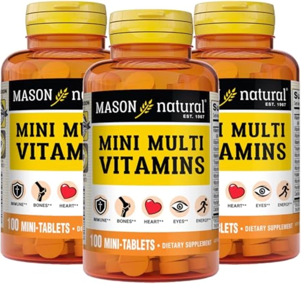 MASON NATŪRALUS Mini Multi Vitaminai, Vitaminai A, C, D3, E, B1, B2, B3, B6, B12, Folatų ir kalcis bendrai sveikatai, 300 dienų tiekimo