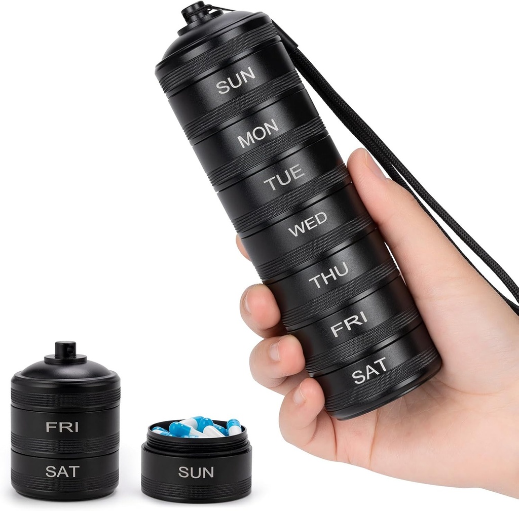 Pill Organizer Weekly Metal Travel Pill Box Waterproof - Conteneur de pilules en alliage d'aluminium de 7 jours, étui de pilule quotidienne portable pour vitamine, médecine, supplément, huile de poisson