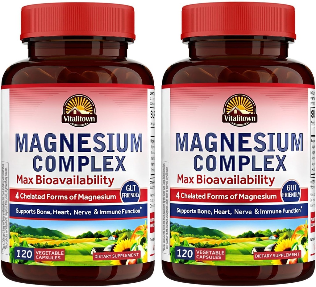 Vitalitown Magnesium Complex 2 Packs, 240 Capsules, NSF Certified Magnesium Glycinate, Malate, Taurate & Citrate, Formazioni Chelate, Alta Assorbimento, Bone, Cuore, Sonno e Digestione