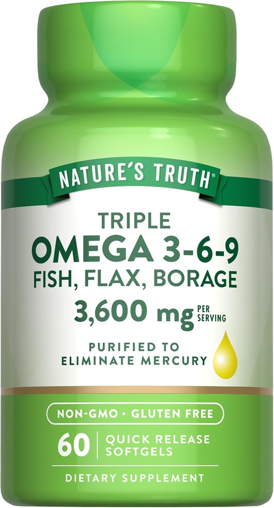 אומגה 3-6-9 Softgels | 3600 מ"ג | 60 Count | Fish, Flax, Borage Oils | Non-GMO & Gluten Free Supplement