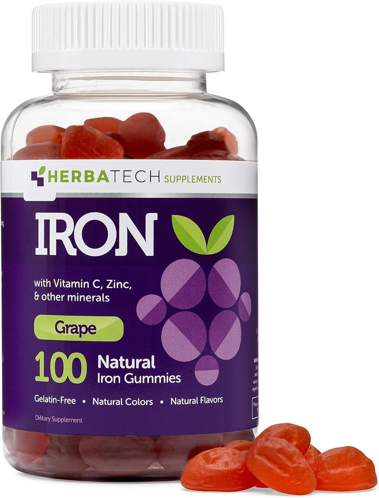 Iron Gummies helduentzat eta haurrentzat, Multivitamin Chewable gehigarria burdinarekin, C bitaminarekin, A, B, Zinka, Azido Folica eta Biotin (Grape Flavored) Vegan Safe, Estatu Batuetan egina HERBATECH-etik