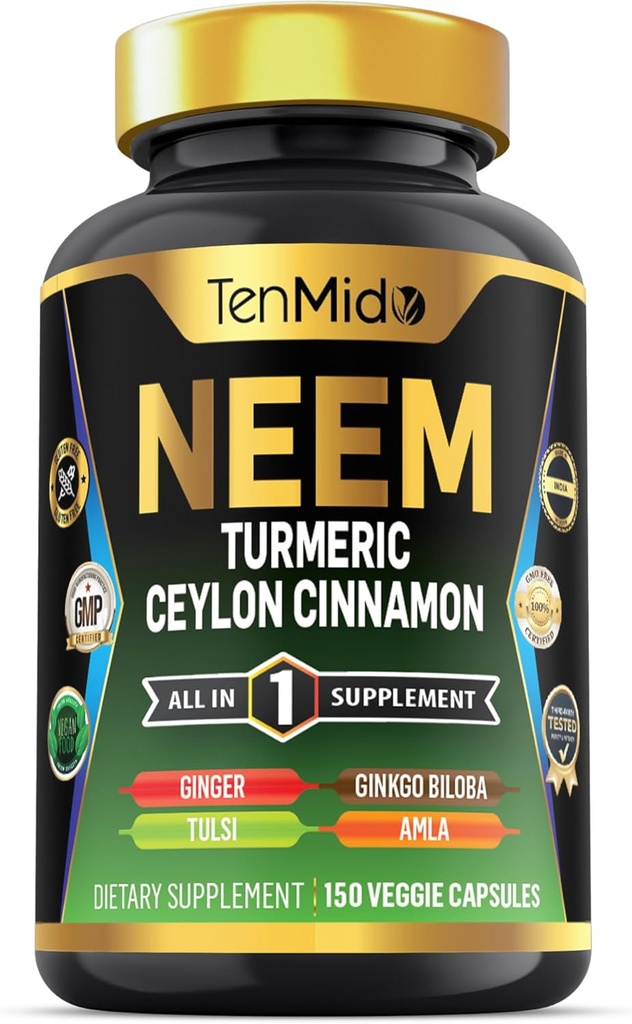 Neem Leaf Supplement - 8 v1 Formula - Združite s kurkuma, Ceylon Cinamon, Ginger, Tulsi, Ginkgo Biloba, Amla, in Black Pepper - Imunska zdravstvena podpora - 150 Veganske kapsule