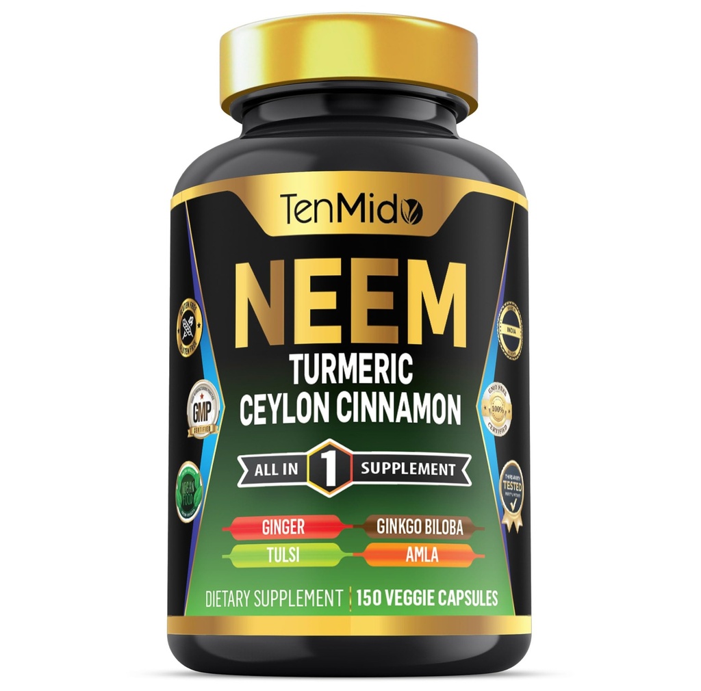 Neem Leaf Supplement - 8in1 Formula - Combine with Turmeric, Ceylon Cinnamon, Ginger, Tulsi, Ginkgo Biloba, Amla, and Black Pepper - Immune Health Support - 150 Vegan Capsules