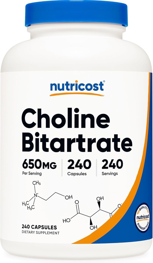 Nutricost Choline Bitrite 650mmg, 240 Vegetarian Capsules - No-GMO, Vegetally, Guten Free