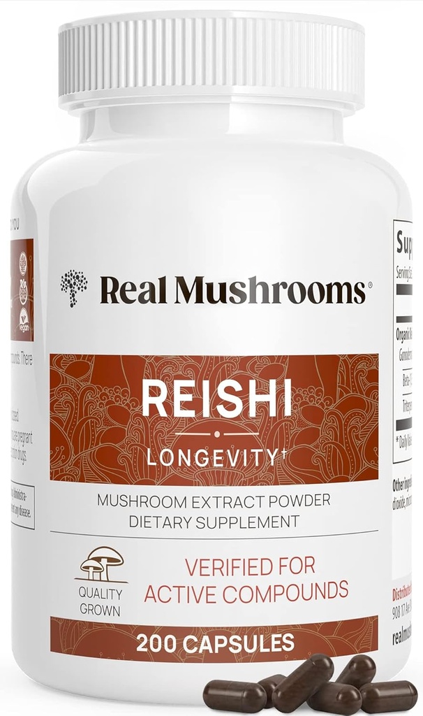 Real Mushrooms Reishi Mushroom Capsules - Handpicked Organic Mushroom Extracts - Red Reishi para Tranquil Daily Wellness con Beta Verified Glucans Vegan, Non-GMO, Non Grain Fillers, 200 ct