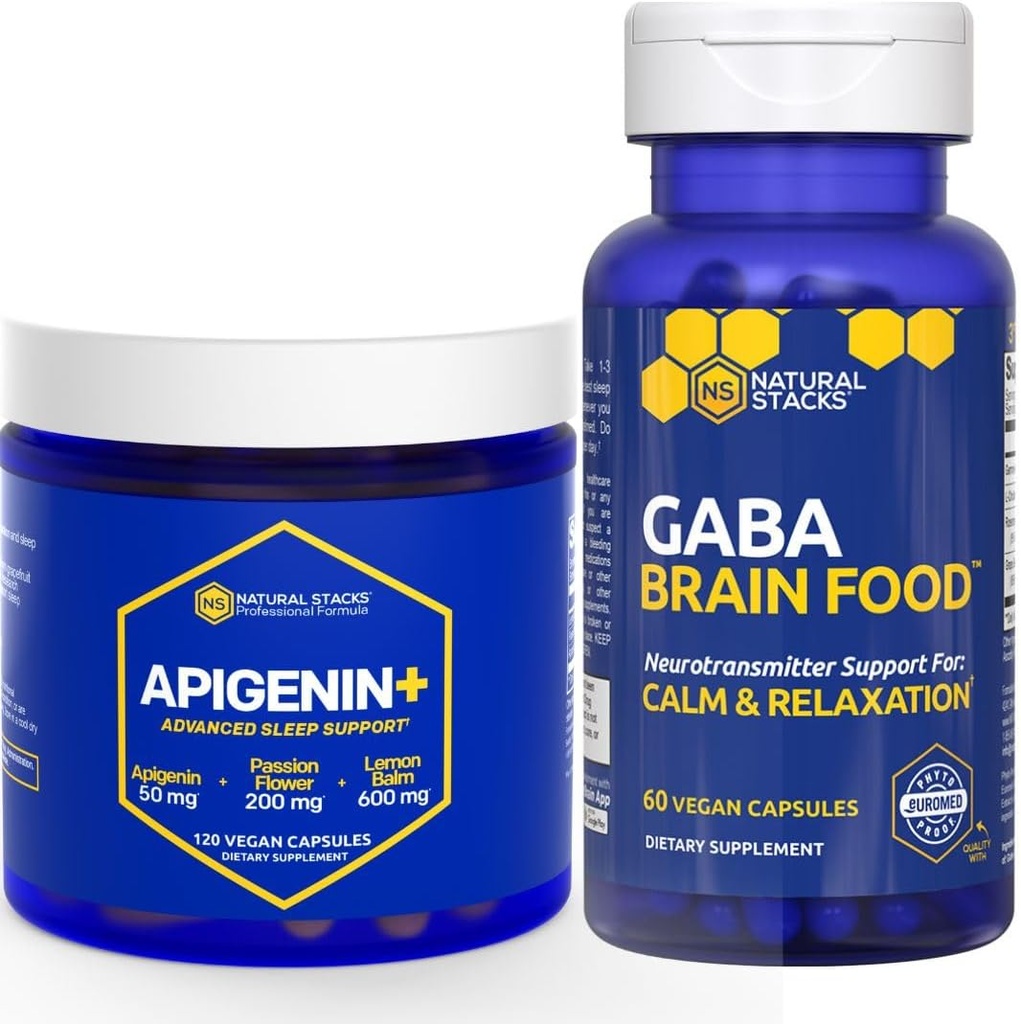 Natural STACKS GABA 脑食品+ Apigenin 辅助睡眠包 - 支持放松和睡眠* - 180 总盖