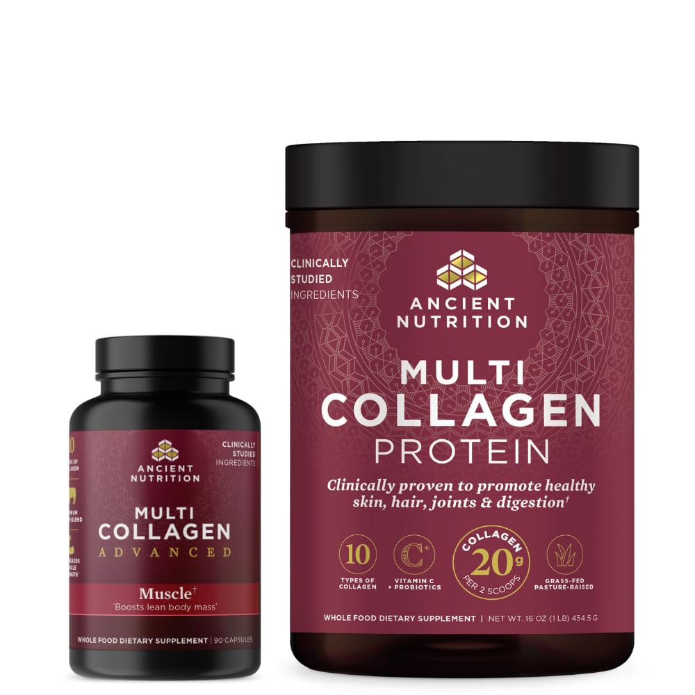 Ancient Nutrition Multi Collagen Advanced Capsules, Muscle, 90 Count + Multi Collagen Protein Powder, Unflavored, 45 Servings