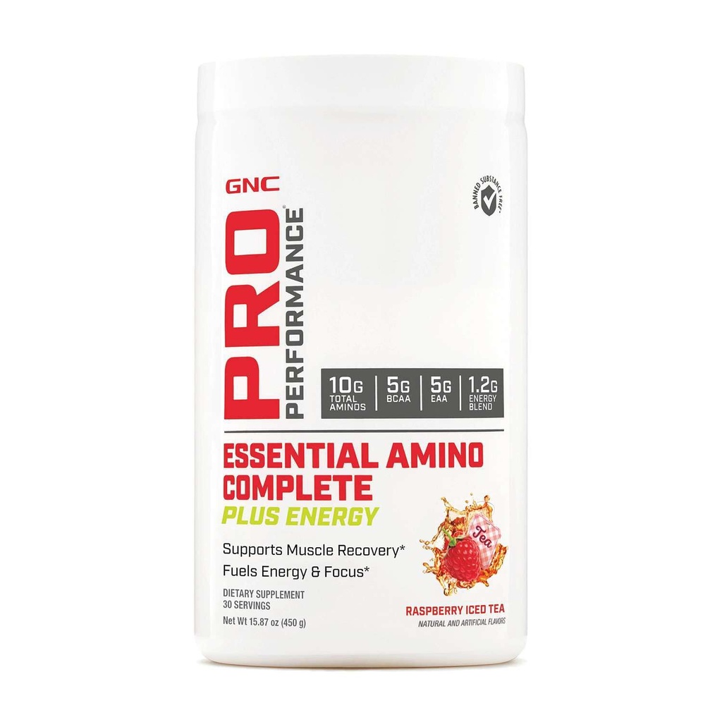 GNC Pro Performance Essential Amino Complete Plus Energy - Raspberry Iced Tea | 5g BCAA, 5g EAA Plus Energy Blend and Electrolyte Complex | 30 Servings