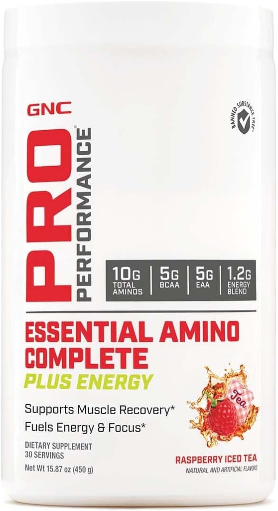 GNC Pro Performance Essential Amino Complete Plus Energy - Raspberry Iced Tea | 5g BCAA, 5g EAA Plus Energy Blend e Electrolyte Complex | 30 Servings
