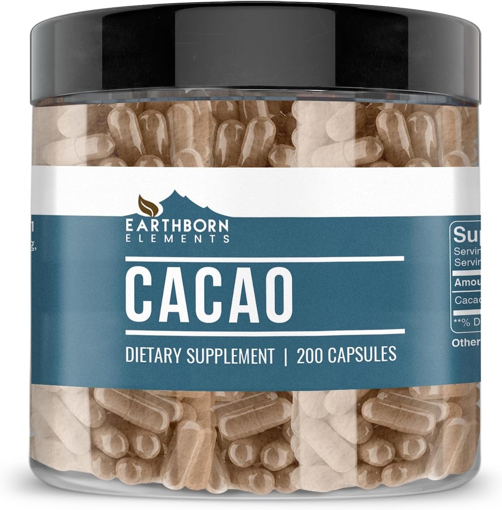 Earthborn Elements Cacao (Cocoa) 200 κάψουλες, καθαρό & μη αραιωμένο, χωρίς πρόσθετα