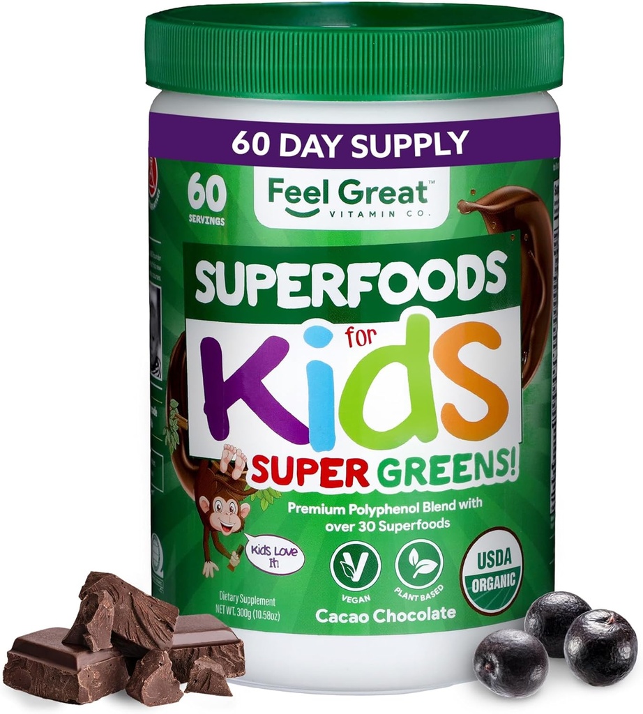 Sensi Grande Polvere Super Greens Organic USDA per Bambini - Cocao Chocolate | Fruit & Veggie Supplemento | Polvere Superfood con Probiotici e enzimi digestivi per la salute digestiva | 60 giorni di alimentazione