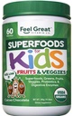 Feel Great USDA Organic Super Greens Powder for Kids - Cocao Chocolate | Fruit & Veggie Supplement | Superfood Powder with Probiotics & Digestive Enzymes for Digestive Health | 60 Days Supply