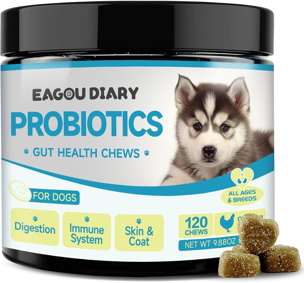 Eagou Diary Probióticos para Cães - Dog Probióticos para Saúde Digestiva, Gut Suplementos de Saúde com Prebióticos, Leite de Cabra, Ómega 3, Vitaminas, Mastiga para Diarréia Canina, Estômago, Alívio de Gás - 120 Ct