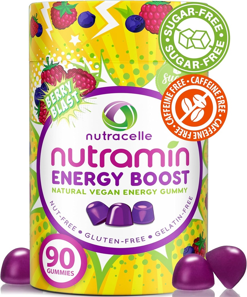 NUTRAMIN Energy Boost Vitamin Gummy - Skip the coffee & Boost din energi, Caffe- Free, Sugar- Free, Vegan, B12, Green Tea, Ashwagandha, Garcinia Cambogia, Raspberry Adaptogen - 90 ct