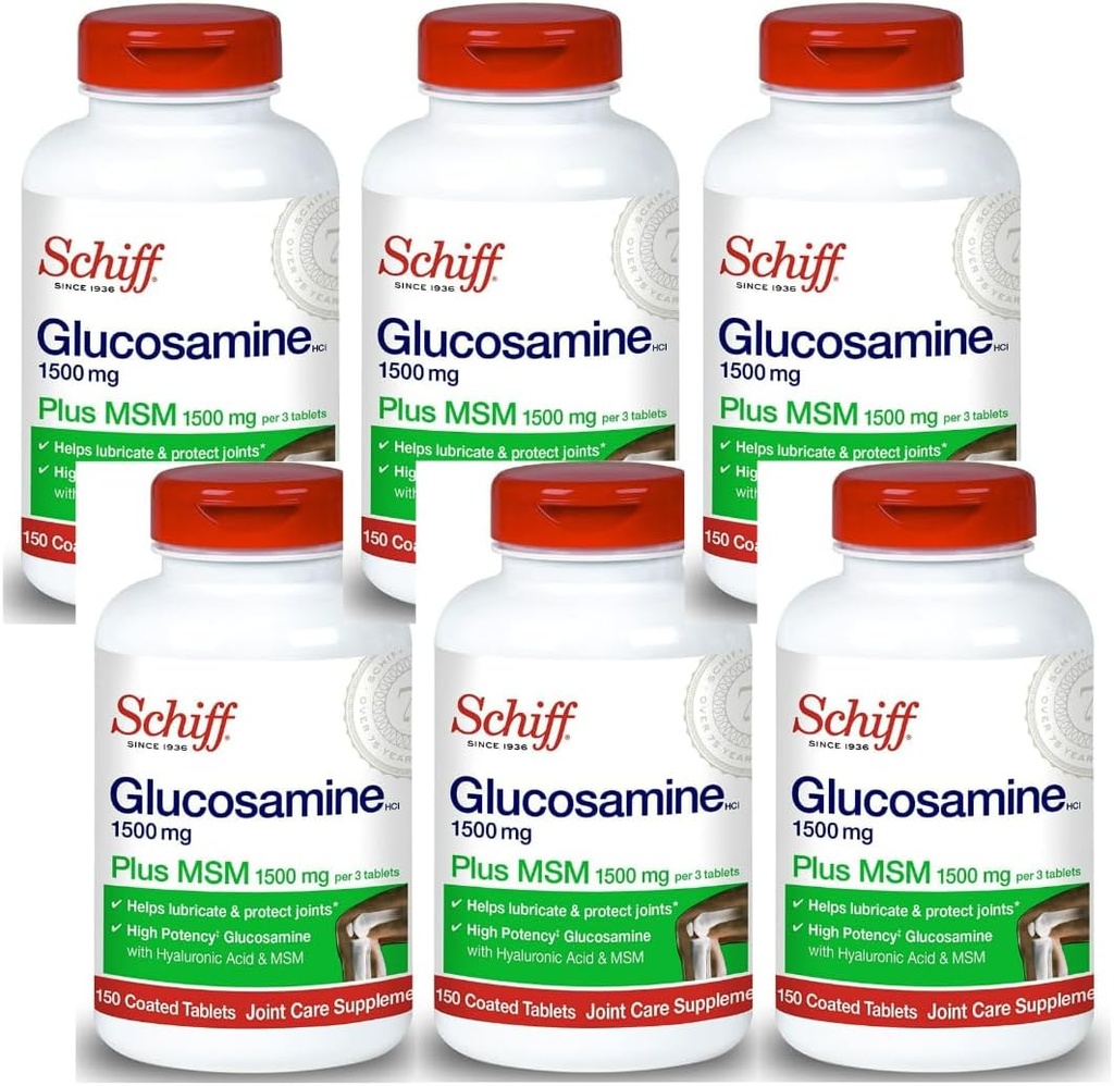 Schiff Glucosamine 1500mg Plus MSM en Hyaluronzuur, 150 tabletten - Joint Supplement (verpakking van 6)