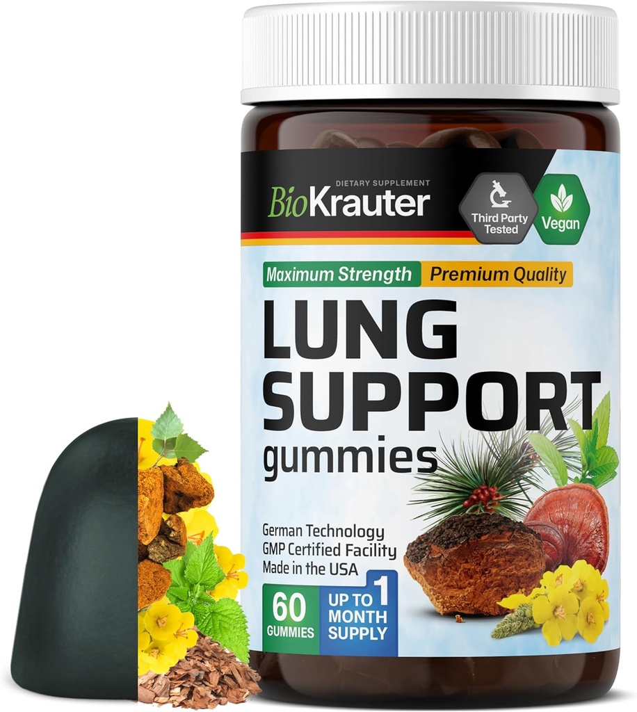 BIO KRAUTER Lung Detox Gummies - 60 Vegan Chews - Lung Cleanse Supplement w/Vitamin C & Mullein Leaf Mix - Respiratory Support