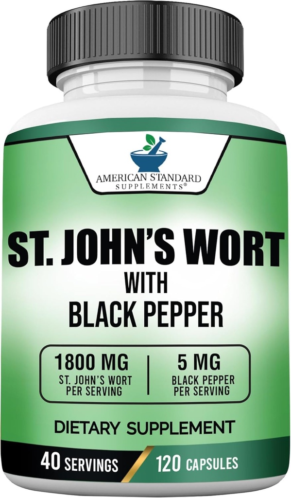 American Standard supplements St. John’s Wort 1800mg Per Serving with Black Pepper Fruit Extract - Vegan, Gluten Free, Non-GMO, 120 Capsules, 40 Servings