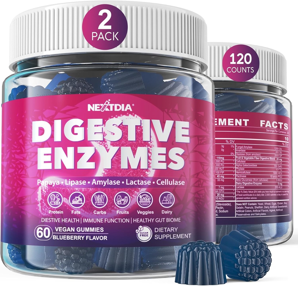 Naisten ja miesten digestiivinen entsyymit Gummies w/ Probiootit, Papaya, bromelaiini, inkivääri - Bloating Relief & Gut Health Chewable Supplement Digest Proteins Dairy Carbs Kasvisrasvat, sokeriton vegaani, 120Ct