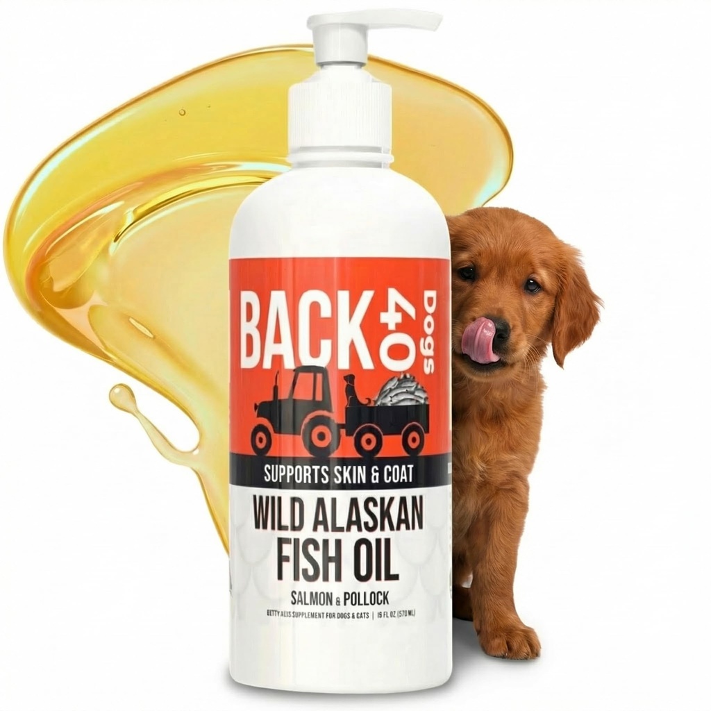 BACK 40 Dogs Wild Alaskan Fish Oil for Dogs, Skin and Coat Supplement for Dogs & Cats, Omega-3-Rich Salmon and Pollock Oil, EPA & DHA Dog Salmon Oil for Brain, Heart, and Joints 16 fl oz (473 ml)