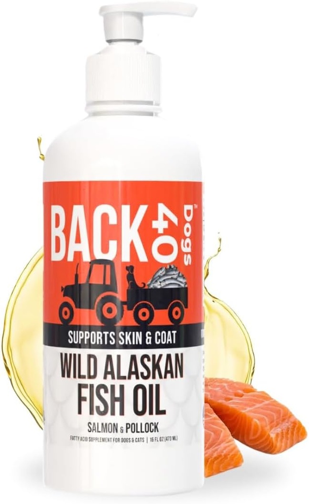 BACK 40 Dogs Wild Alaskan Fish Oil for Dogs, Skin and Coat Supplement for Dogs & Cats, Omega-3-Rich Salmon eta Pollock Oil, EPA eta DHA Dog Salmon Oil for Brain, Heart eta Joints 16 fl oz (473 ml)