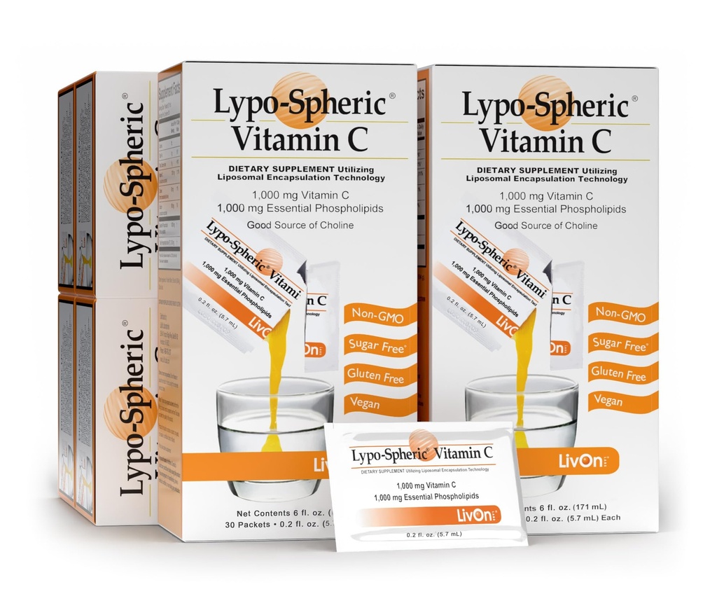 LivOn Laboratories Lypo–Spheric Vitamin C – 6 Cartons (180 Packets) – 1,000 mg Vitamin C & 1,000 mg Essential Phospholipids Per Packet – Liposome Encapsulated for Improved Absorption – 100% Non–GMO