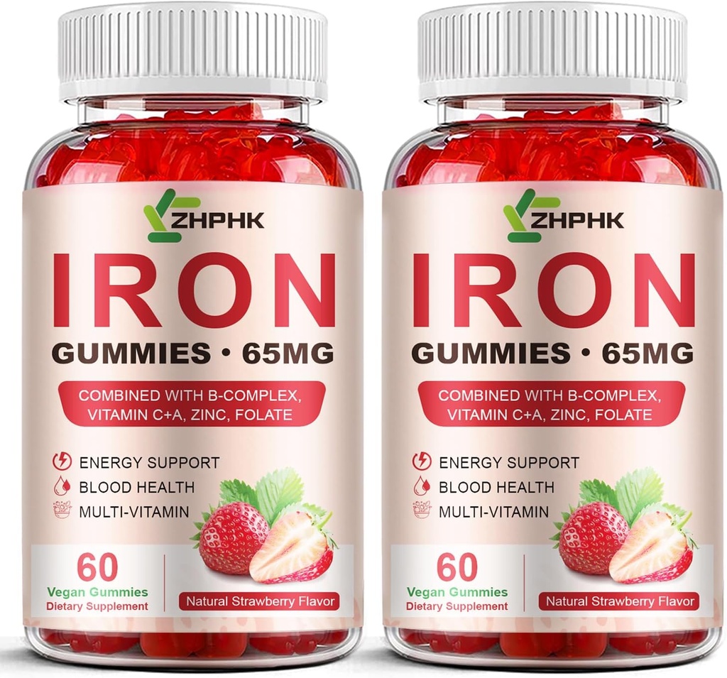 Suplemento de ferro Gummies para mulleres, homes e nenos, 65mg de ferro e 250mg de vitamina C por servizo - sangue saudable, enerxía e apoio inmune de vitamina Gummy con folate, 2 Pack