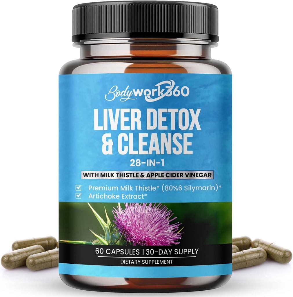 Liver Detox & Cleanse - 28-in-1 Liver Repair & Support Supplement for Men & Women with Milk Thistle, Apple Cider Vinegar, Dandelion Root Extract & Artichoke Extract - Non-GMO, 60 kapsulak