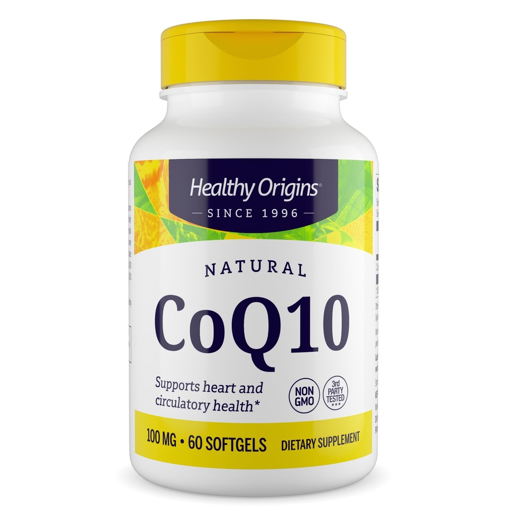 Healthy Origins® CoQ10 100 mg – Natural Trans-Isomer Ubiquinone – Yeast Fermented, Supports Heart Health & Cellular Energy – Non-GMO 60 Softgels