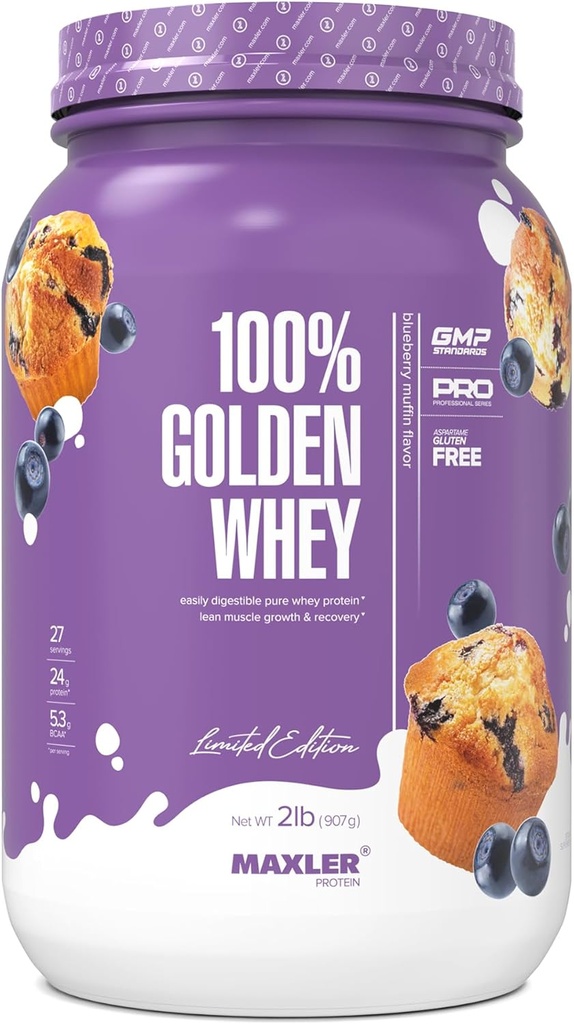 Maxler 100% Golden Whey Protein - 24 g fehérje per serving - Premium Whey Protein Powder for Pre Post Workout - Fast- Absorbing Whey koncentrátum, izolátum és hidrolizátum keverék - Blueberry Muffin 2 lb