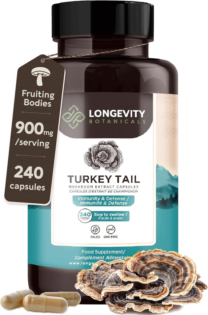 Organiskt Turkiet Tail Mushroom kapslar Tillägg (240) | Pure Fruiting Body 10:1 Hög styrka Extract | 50% Beta-D Glucans | 9,000mg Raw Equivalent Per Servering | Immune, Gut & Microbiome Support