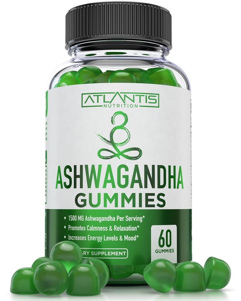 Atlantis Nutrition Ashwagandha Gummies - 1500 MG Per Serving - Promotes coolness, Improves Mood, Boosts Energy Levels &quot; Strengthens Immune System - Formulated with Vitamin D &apos; Zinc - Vegan | 60 count