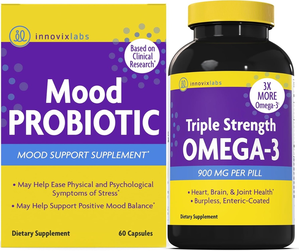 InnovixLabs Mood Probiotic & Triple Omega Bundle Mood Probiotic (60 kapsułek) Triple Force Omega-3 Fish Oil (200 Softgel). Wspomaga mózg, połączenia i zdrowie immunologiczne *