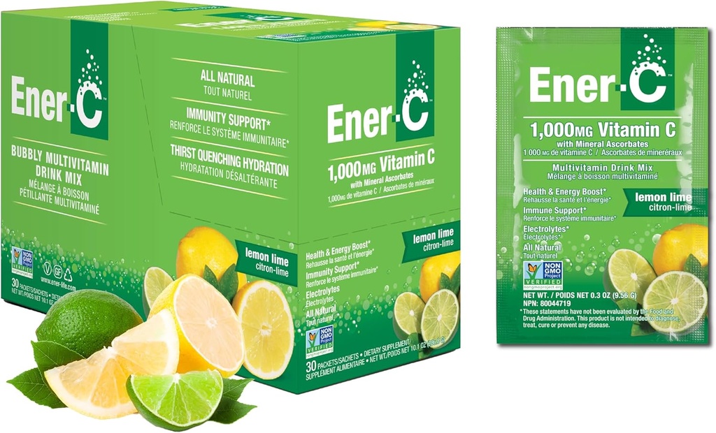 Ener-C Multivitamin Drikkemiks - Vitaminpakker for vann, Electrolytes Powder Packets, Vitamin Drikkemiks, Hydration flytende blanding, Immun Booster for voksne, Sunn energi - Lemon Lime, 30 greve