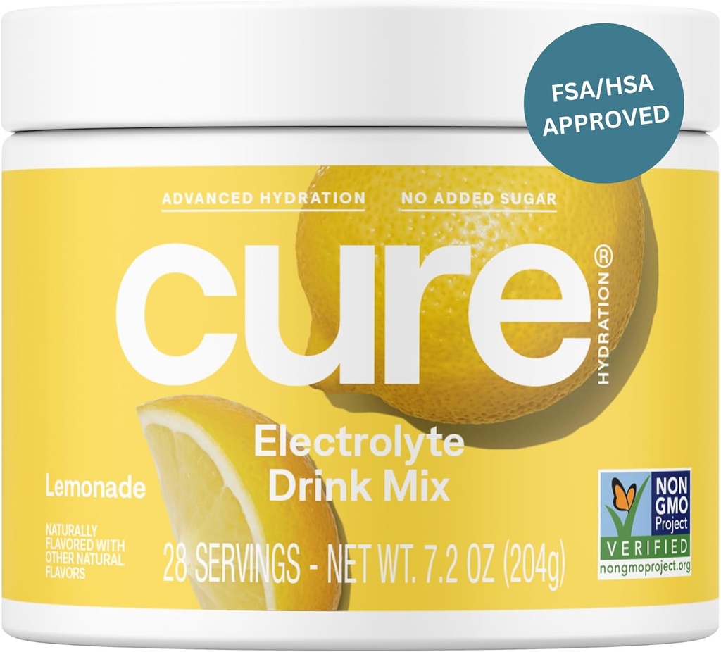 Cure Hydration | Pflanzenbasierte Elektrolyt-Getränk-Mix | Kein hinzugefügter Zucker | FSA-HSA | Dehydration Relief Pulver mit Kokosnusswasser hergestellt | Non-GMO | Vegan | 28 Servierungen Jar - Lemonade
