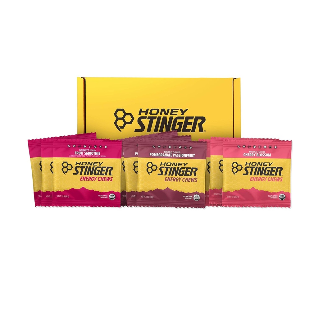 Honey Stinger Organic Energy Chew Variety Pack de 3 packs de smoothie de fruits, de grenades et de cerises Blossom.