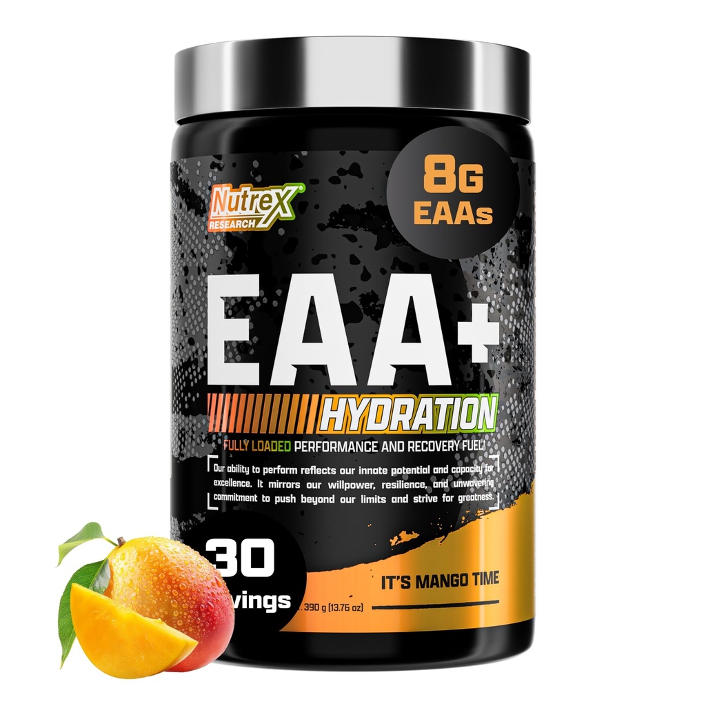 Nutrex Research EAA Hydration | EAAs + BCAA Powder | Muscle Recovery, Strength, Muscle Building, Endurance | 8G Essential Amino Acids + Electrolytes | 30 Servings It's Mango Time
