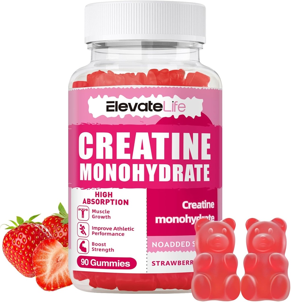 ElevateLife Monohydrat Gummees 5000mg dla mężczyzn i kobiet, Jednowodzian do żucia dla mięśni, Budowanie mięśni, Energy Boost, Pre- Workout Supplement (90 Count) -Truskawki