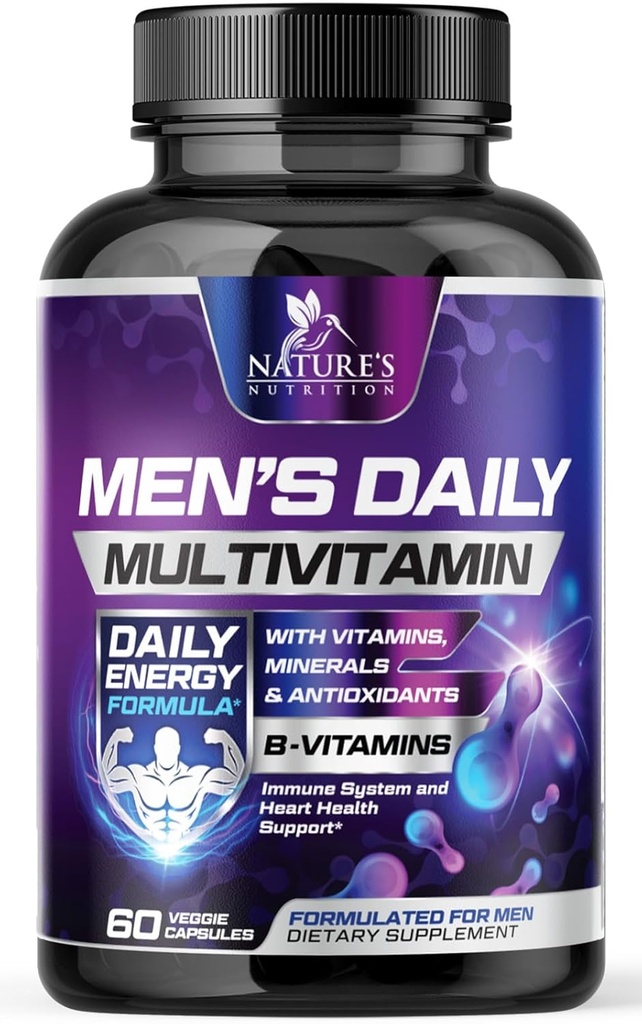Multivitamiin meestele - A-vitamiin, C, D, E, tsink, kaltsium, multivitamiinid immuunsüsteemi tervise toetamiseks, vitamiin B12, meeste igapäevane multivitamiinilisa kapslid, mitte-GMO mehed multivitamiinid - 60 kapslit