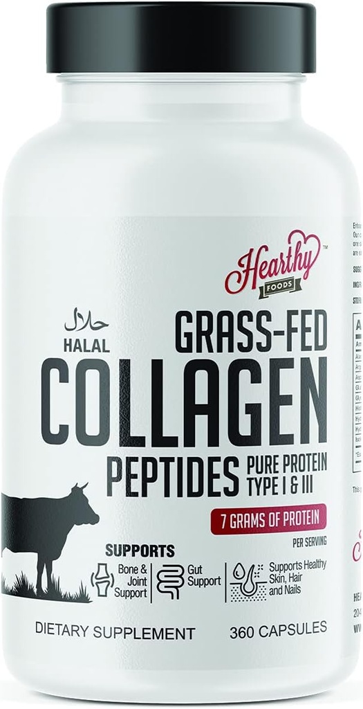 HEARTHY FOODS Collagen Pills Supplement (typ I, III), 360 kolagén kapsuly zdravé vlasy, koža, nechty, kĺby - Mliečne a lepidlo bez kolagénu doplnok - 7 Grams Protein per Serving
