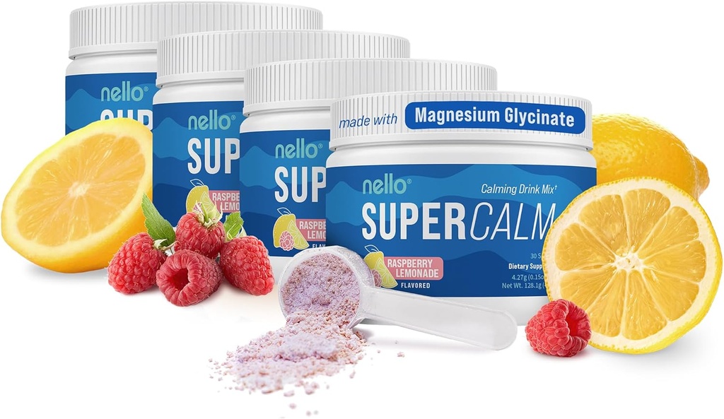 Nello Supercalm Drink Mix - Ashwagandha KSM 66, Magnesium Glycinat, L-Theanin, Vitamin D3 - Ashwagandha Root Extract, Magnesium & L-Theanin Supplement - 30 Services - 4 Pack