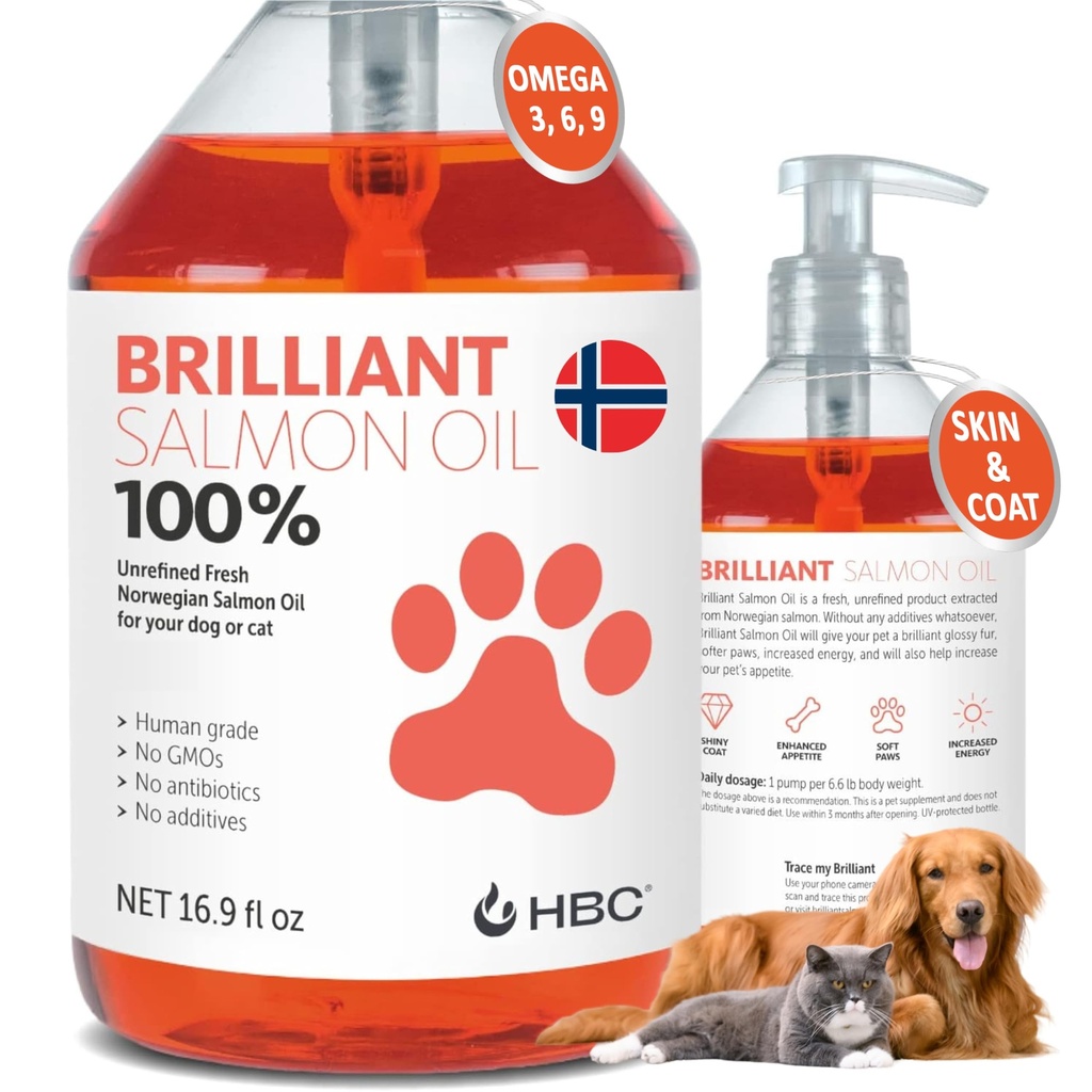 Salmon Oil for Dogs - Healthy Skin & Coat, All Natural Norwegian Fish Oil Food Supplement for Pets, Omega 3 EPA DHA, Ideal for Shedding, Allergy, Itching, Dry Skin, Joint & Bone Health - 16.9 Oz