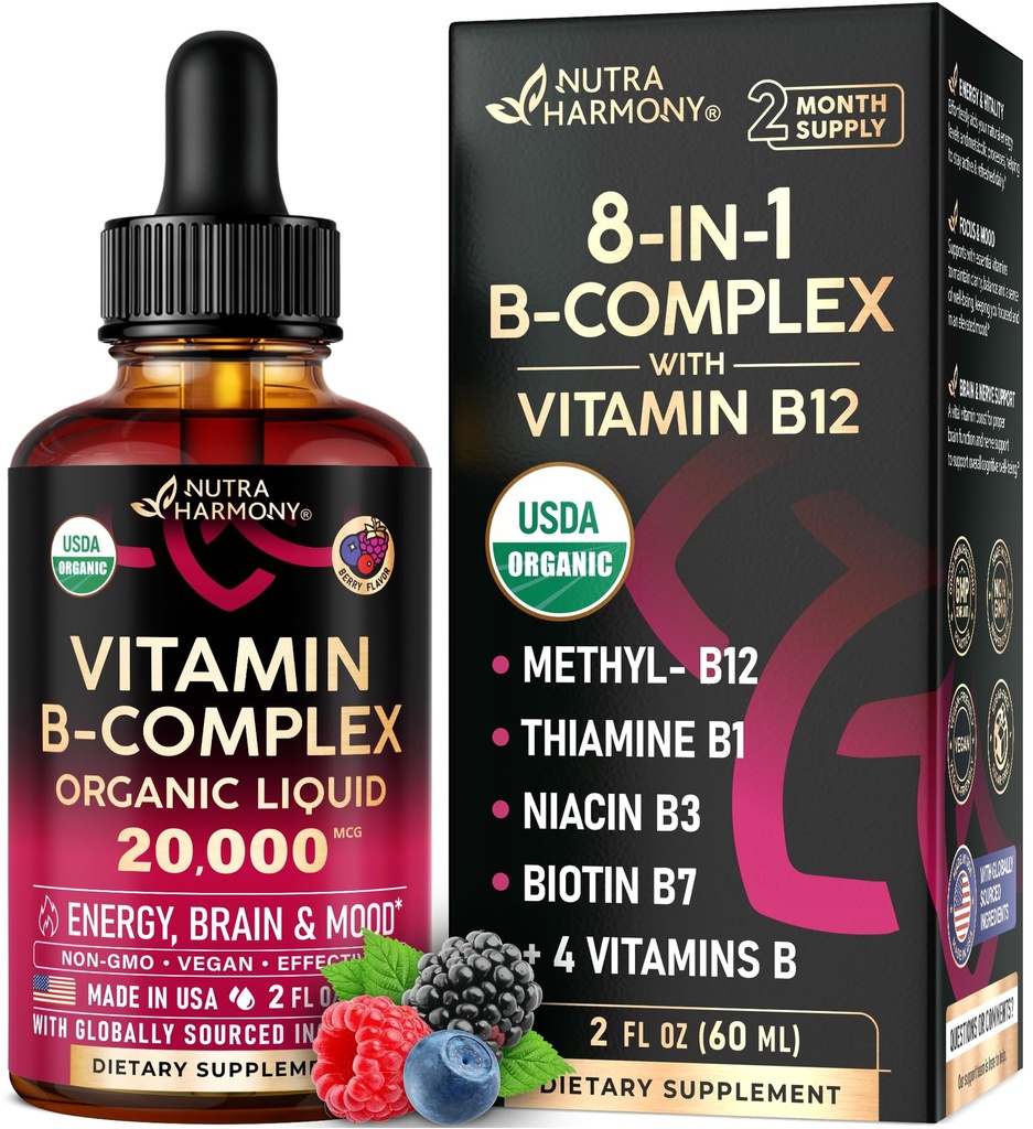 USDA Organic Vitamin B-Complex B5 Pantothenic Acid | B12 Methylcobalamin | B1 Thiamine | B6 Pyridoxine | B7 Biotin | B9 Folic | B3 Niacinamide - B Complex Liquid Drops, Made in USA Supplement, 2fl oz