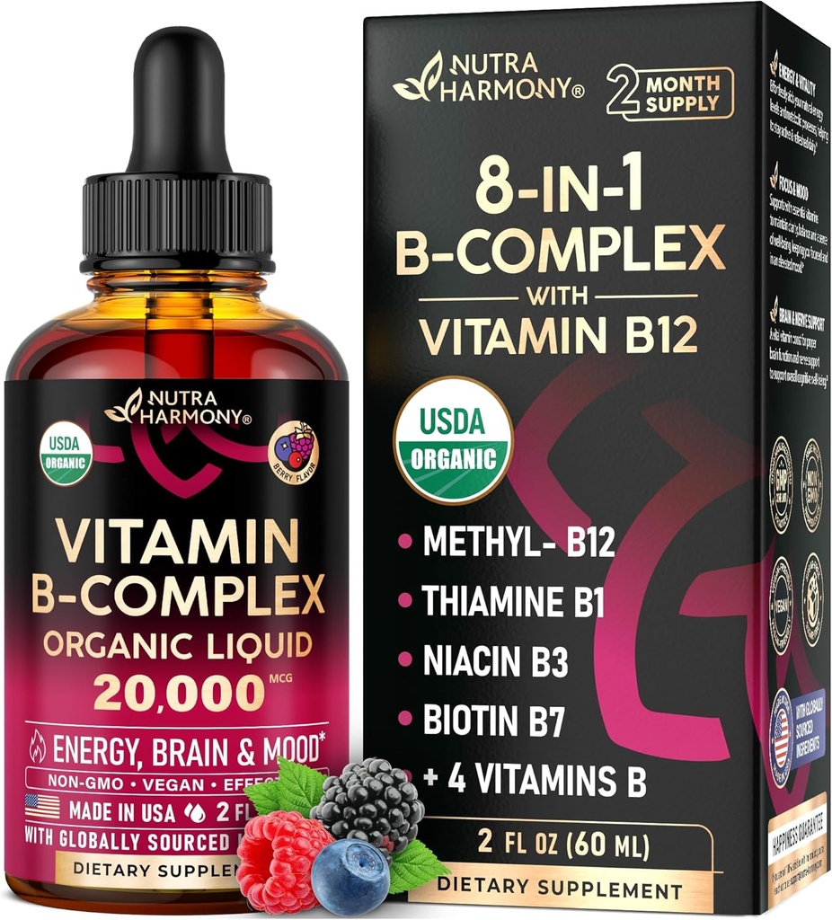 USDA Vitamina B-Complexo B5 Ácido pantoténico □ B12 Metilcobalamina □ B1 Tiamina □ B6 Piridoxina □ B7 Biotina B9 Fólico □ B3 Niacinamida - B Complex Liquid Drops, Made in USA Supplement, 2fl oz