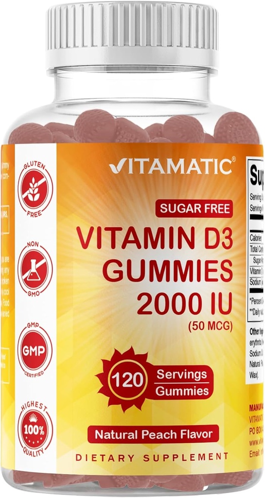 Vitamatic Sugar Free Vitamin D3 2000 IE - 120 Pectin Based Gummies - Great Taste - Healthy Bones, Mood & Immuun System Function - Non-GMO - 120 Servings
