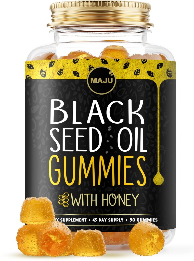 MAJU's Black Seed Oil Gummies with Honey 90ct, 500mg BSO Gummy, Black Cumin Seed Nigella Sativa Oil, Cold-Pressed, Potent Formula, 90ct