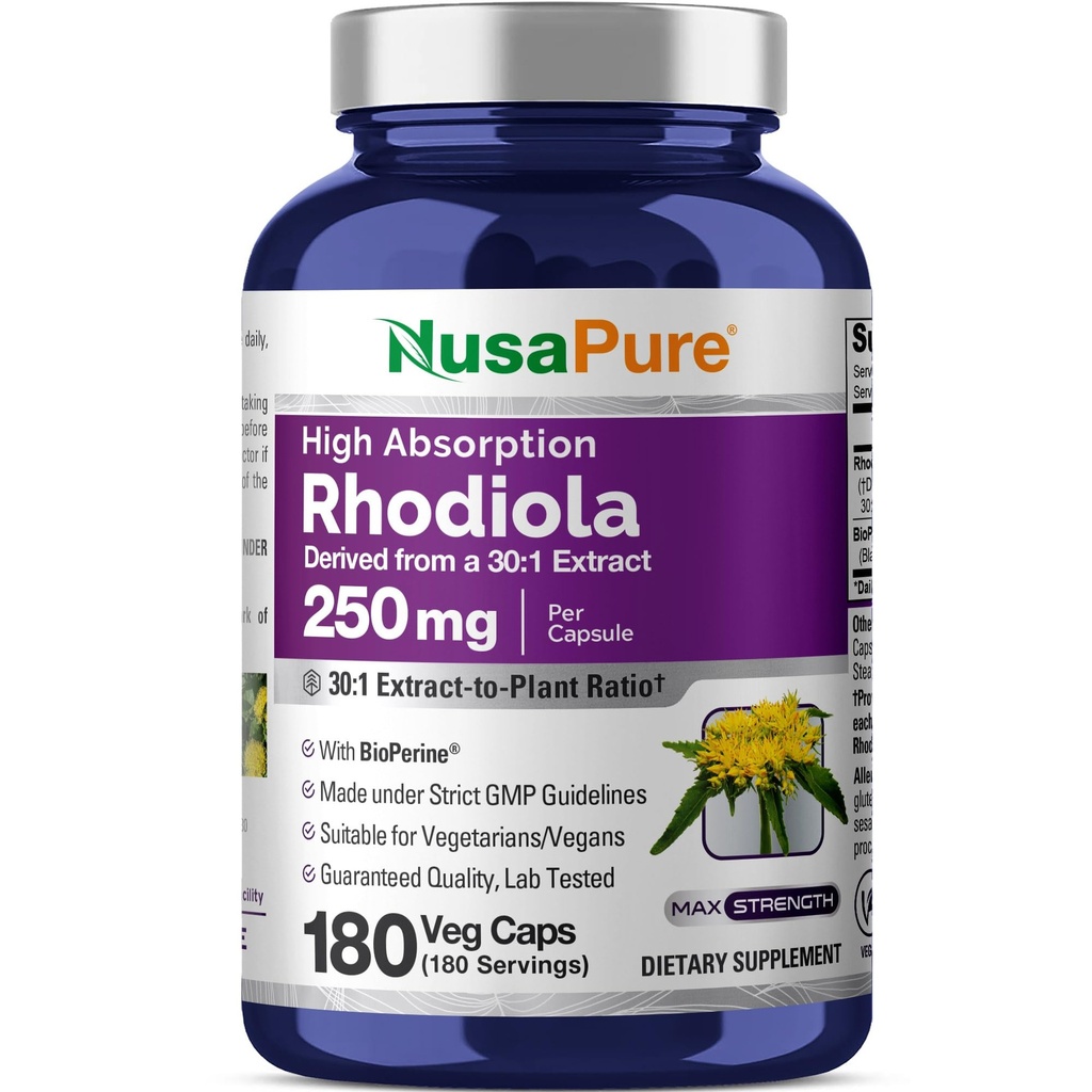 NusaPure Rhodiola Rosea Capsules, 250 mg, 180 Veg Capsules (Non-GMO, Vegan)