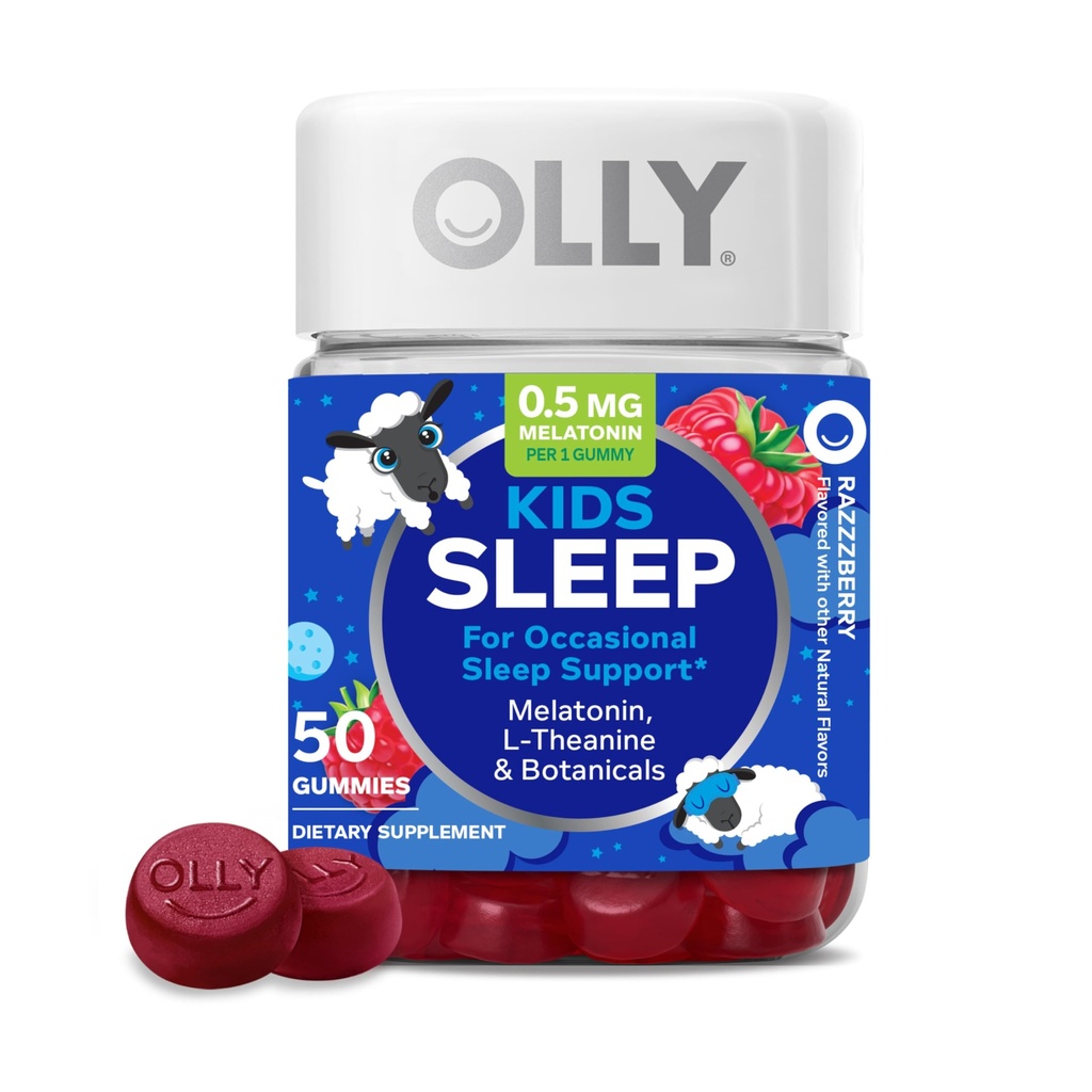 OLLY Kids Sleep Gummy, Occasional Sleep Support,* 0.5mg Melatonin, L-Theanine, Raspberry Flavored, 50 or 25 Day Supply - 50 Count