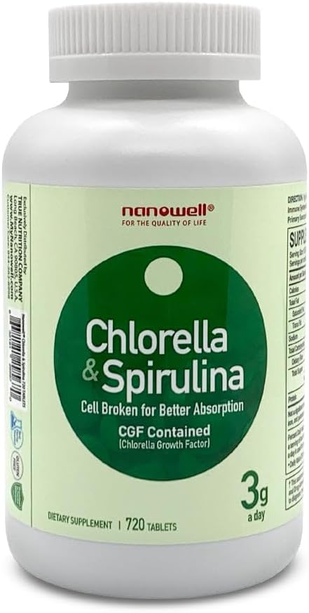 NANOWELL Chlorella & Spiruline 720 Comprimés - Chlorella, Spiruline, Antioxydants, Vitamines, Riche en protéines, Mur cellulaire brisé (720 Nombre)