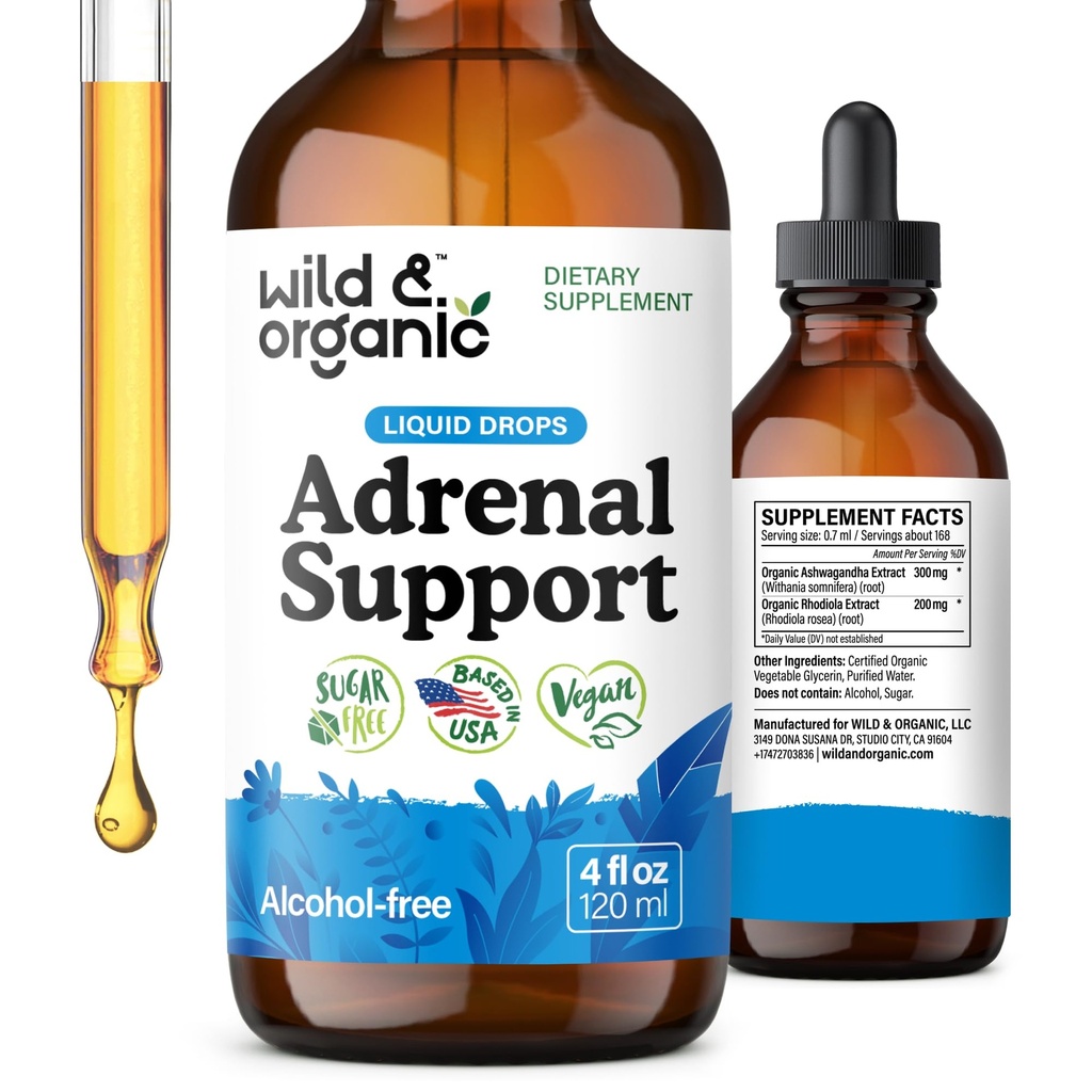Wild & Organic Adrenal Support Supplements - Mood & Energy Support - Ashwagandha & Rhodiola Rosea Extract Complex for Women & Men - Add to Tea Liquid Drops - Vegan, No Sugar & Alcohol - 4 fl oz